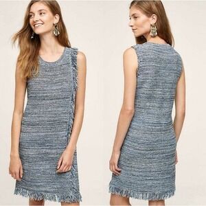 Anthropologie x Holding Horses Blue Knit Fringe Shift Sweater Dress Oversized XS